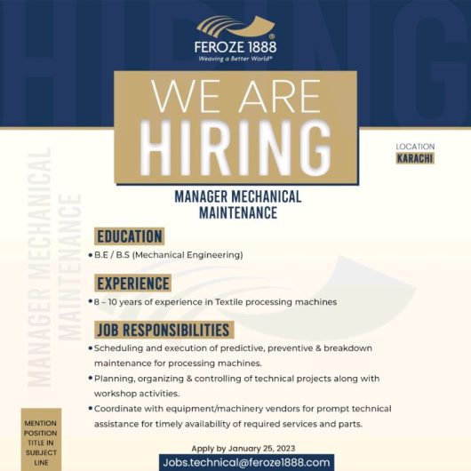 We are hiring MANAGER MECHANICAL MAINTENANCE